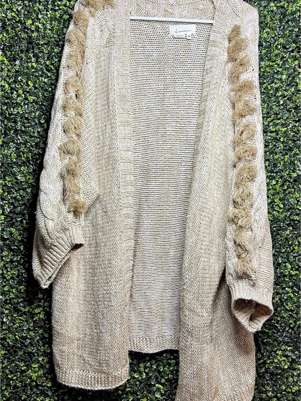 By Anthropologie Chunky Fringe Sleeve Open Front Knit Cardigan Sweater One Size
